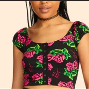 Betsey Johnson Crop Top Roses 80’s Bash front close